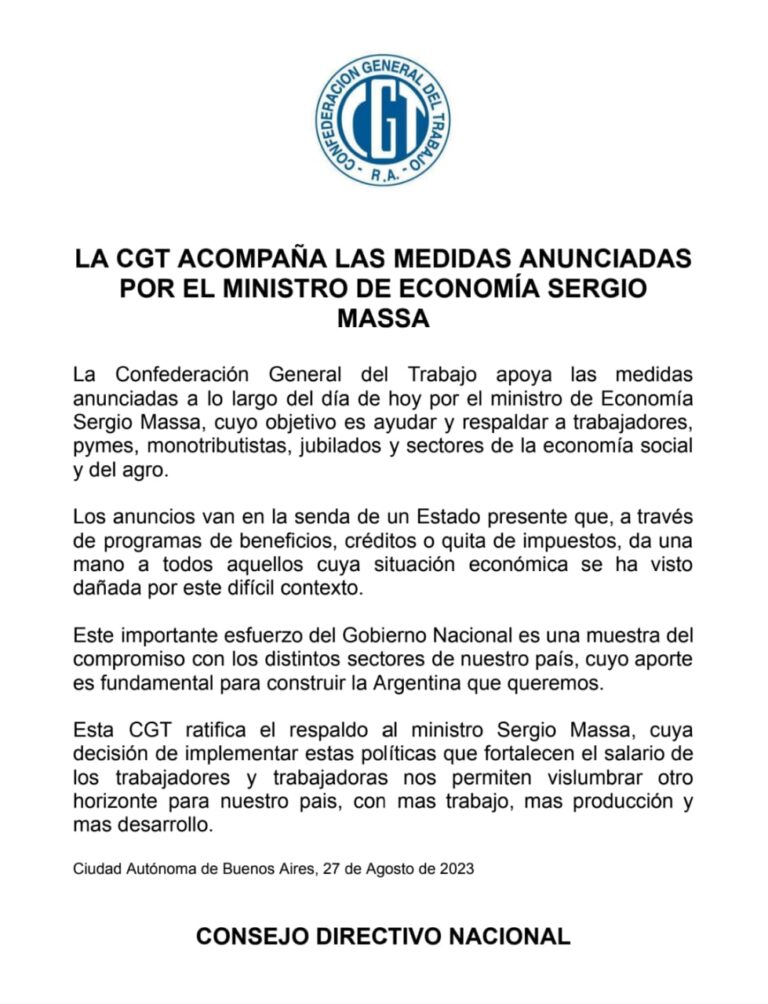 Acompañamos el Comunicado de la CGT en respaldo de las medidas anunciadas por el ministro de economía y candidato a Presidente, Sergio Massa