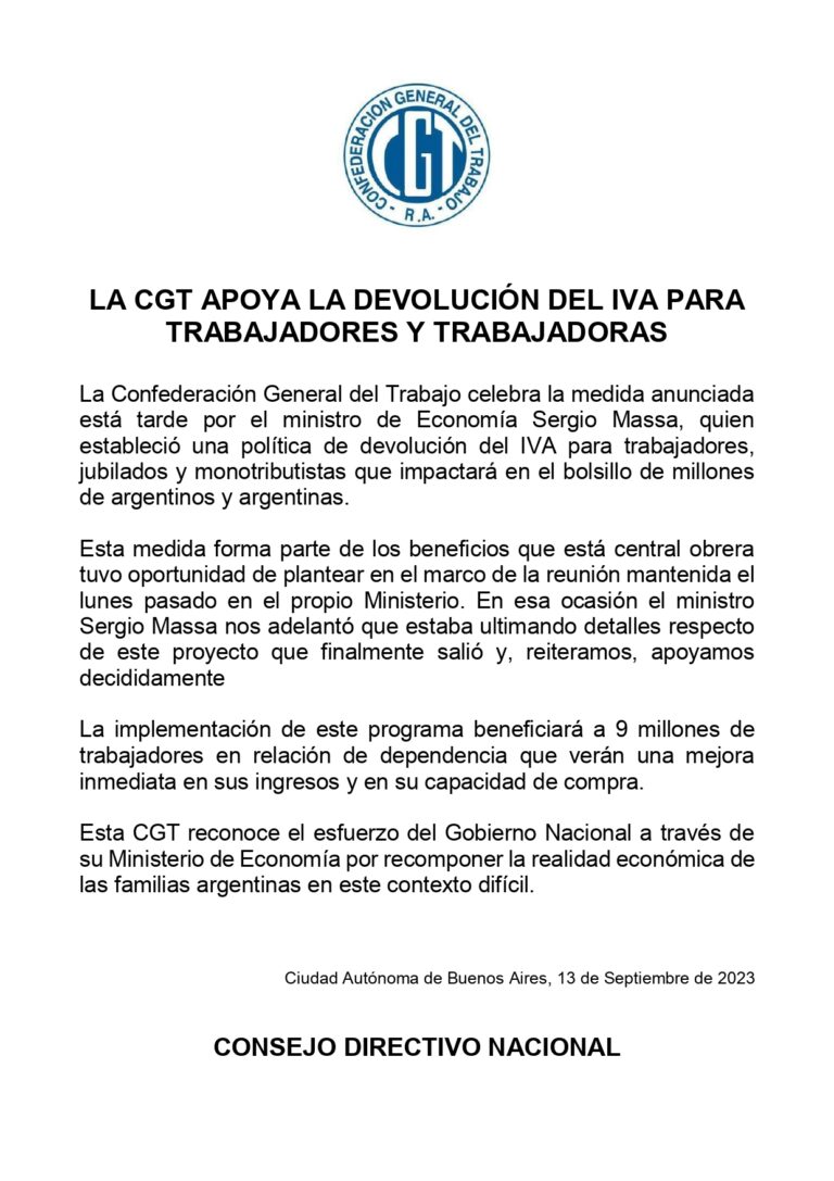 Acompañamos el Comunicado de la CGT en respaldo de la medida anunciada de devolución del IVA para trabajadores, jubilados y monotributistas